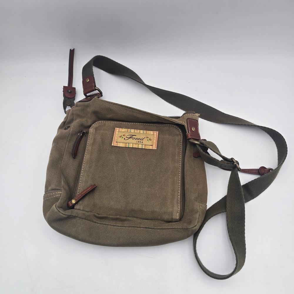 Fossil 1954 Olive Green Canvas Crossbody Messenger Bag Leather Trim 2162